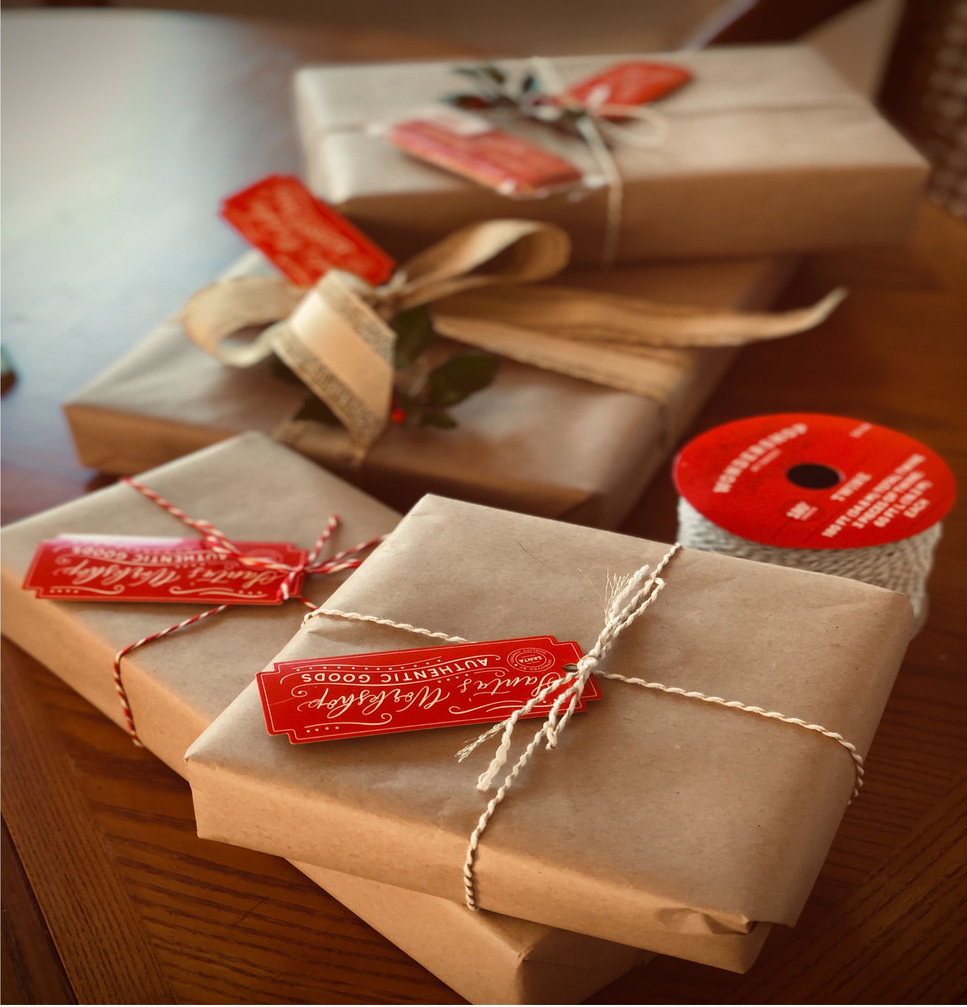 Gifts in wrapped recycled paper